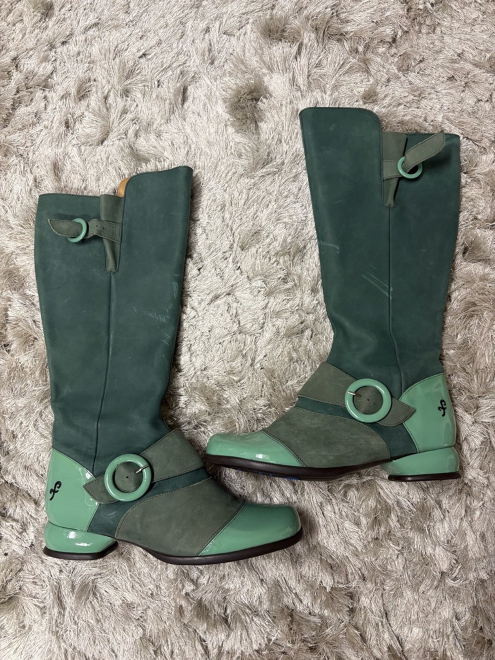 Fluevog “Fellowship” Green Knee-High Mixed-Material Riding Boots sz9